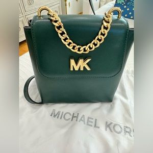 Michael Kors Mott Forest Green backpack with gold accents
